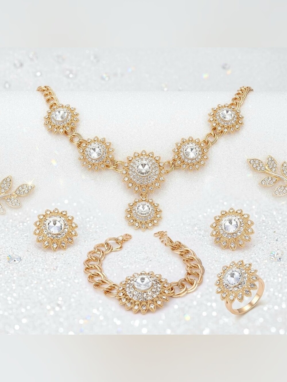 5 Piece Gold White Crystal Flower Necklace Earrings Bracelet & Ring Set